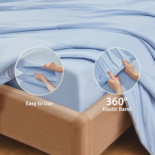 Regency Heights Queen Sheet Sets 3 Piece, Cooling Spandex, Fade Resistant Fitted Sheet & Pillowcases, All Elastic Fits Up to 15" Mattress, Breathable & Moisture-Wicking for Hot Sleepers, Ice Blue - Thumbnail 4