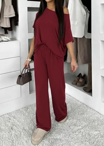 KIRUNDO Two Piece Sets for Women Lounge Airport Travel Vacation Outfits 2026 Summer Off Shoulder Tops Matching Wide Leg Pants(Burgundy, X-Large) - Thumbnail 5