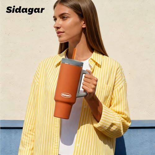 Sidagar Tumbler with Handle,36 oz Ceramic Lined Travel Mug Water Bottle with Straw,Vacuum Insulated Stainless Steel Cup with Lid,Fits Cup Holder, Leak Resistant Press-in Lid,Orange - Thumbnail 3
