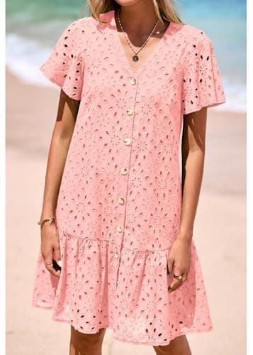 KIRUNDO Eyelet Dresses for Women 2026 Spring Summer Short Sleeve Button Down Loose Mini Babydoll Dress Beach Vacation Clothes(Pink, Medium) - Thumbnail 3