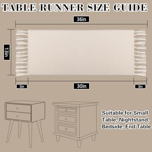 yuboo 36 Inches Boho Nightstand Dresser Cover Top for Bedroom, Short Cream Small Farmhouse Coffee Table Runner , Rustic Table Cover for Bedside Table, End Table, Nightstands, TV, Spring Table Decor - Thumbnail 2