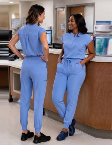 VECARDI Women's Scrub Jogger Pants High Waisted Stretch Nurse Work Bottoms 5 Pockets Elastic Waist Slim Fit Ceil Blue - Thumbnail 2