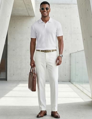 JMIERR Mens Polo Shirt Short Sleeve Casual Beach White Button Up Vacation Knit Shirt Texture, M - Thumbnail 4