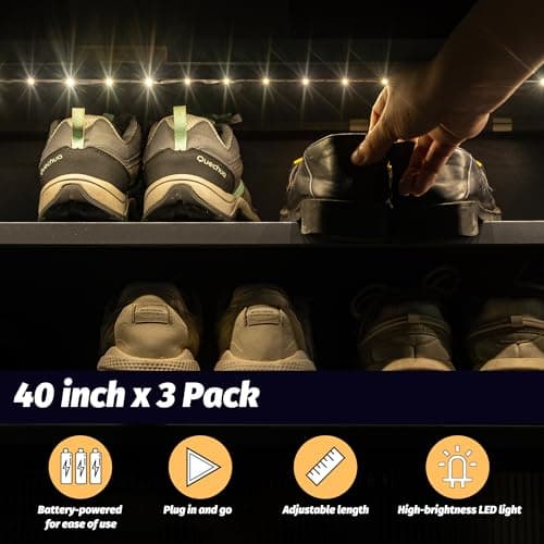 Noevany Battery Powered Under Cabinet Lighting, Wireless LED Strip Lights for Kitchen Under Cabinet Shelves Under Counter Closet Cordless Click Light (Warm White, 3 Pack) - Thumbnail 3