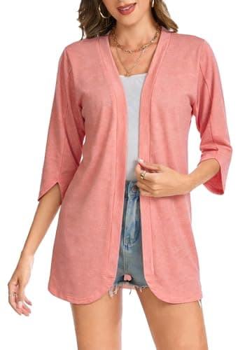 Bosmeer Cardigan Sweaters for Women Petal Cuff 3/4 Sleeve Kimono Cardigans Summer Outfits Lightweight Beach Cover Up Pink M