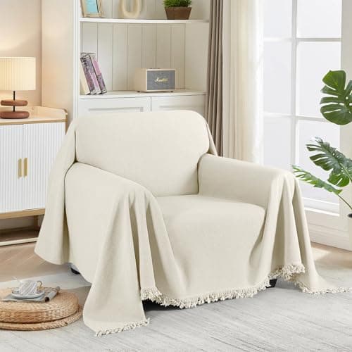 TAOCOCO Couch Cover, Couch Cover Blanket for Sofa, Thick Durable Throw for Sectional Couch, Washable Furniture Protector for Dogs Kids, Tassel Trim, 71''x71'' Beige - Image 1