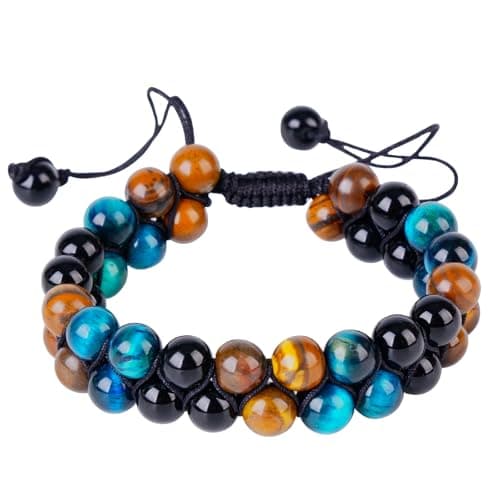 PAKUNDAS Handmade Triple Protection Bracelet,Bracelets for Men Natural Tiger Eye Jewelry Stone Hematite and Blue Stone Hematite 8mm Crystal Bracelet - Adjustable Size with Premium Gift-Box - Image 1