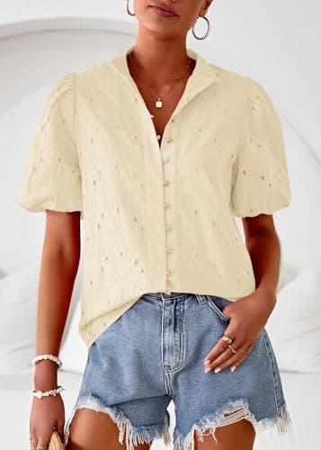 Lazysmile Summer Boho Tops for Women Short Sleeve V Neck Button Down Hollow Out Lace Embroidered Blouses Shirts Apricot - Thumbnail 3