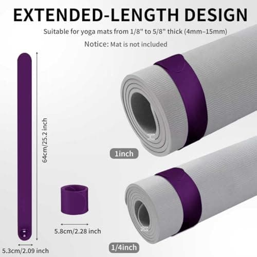 25" Long Yoga Mat Strap | Slap Band Holder for Carrying and Storage Mats | Tightly Rolled Scrunchie for Yoga Essentials Accessories (Purple) - Thumbnail 4