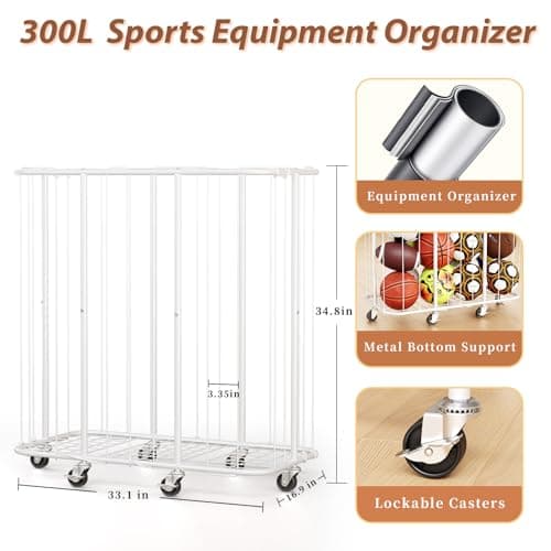 YKDIRECT 250L Rolling Ball Organizer with Locking Wheels - Large Sports Storage Basket for Basketball Soccer Football Volleyball, Steel Garage Equipment Cart with Elastic Rope for Household Storage - Thumbnail 3