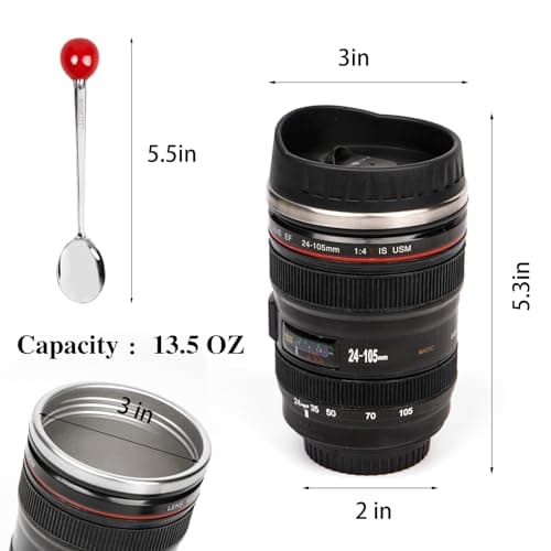 AMZHUB Camera Lens Coffee Mug,Travel Coffee Cup,Stainless Steel Lens Mug Thermos Camera Lens Mug with Lid and Spoon,Cool Gifts for Photographers Men and Women - Thumbnail 3