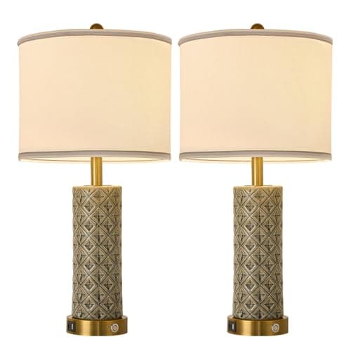 bdayanx Set of 2 Table Lamp for Living Room Bedroom Farmhouse,26'' Touch Control Bedroom Smoke Grey Ceramic Lamps 3-Way Dimmable Bedside Lamps with USB A+C Ports Linen Shade for Home