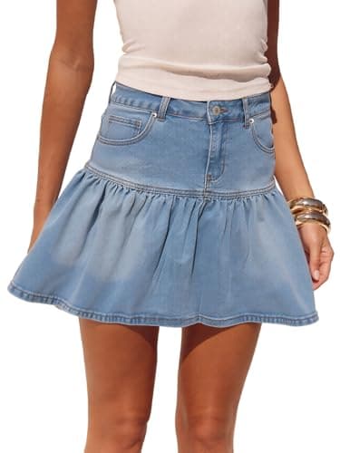 YUNDAI Women Denim Mini Skirt with Pocket High Waist Ruffle Hem A-Line Jean Short Skirt for Casual Streetwear - Image 1