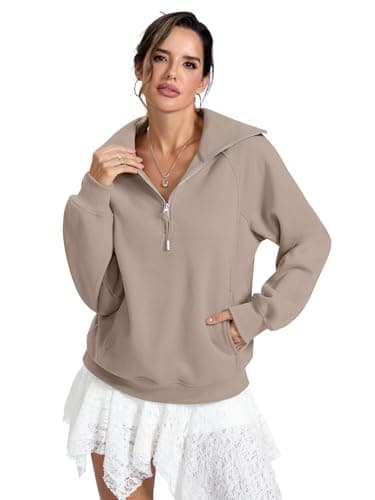 EasyGala Womens Fleece Lined Sweatshirts Oversized Half Zip Warmth Pullover with Pocket Trendy Long Sleeve Going Out Tops Winter Outfits Clothes 2025 Coffeegrey XX-Large - Thumbnail 3