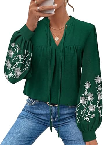 LOOKBOHO Women's Long Sleeve Tops Casual Floral Embroidered Puff Trendy Pleated V Neck Boho Blouses Tie Front Shirts XXL - Image 1
