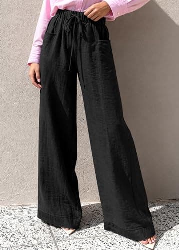 KIRUNDO Wide Leg Palazzo Pants for Women Summer High Waist Flowy Casual Trousers Lounge Pants Beach Vacation Travel Outfits (Black, Large) - Thumbnail 5