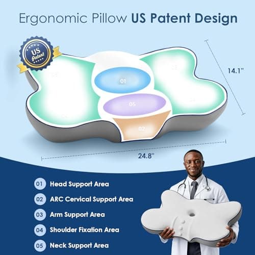 Cervical Neck Pillow for Pain Relief, Ergonomic Side Sleeper Pillow for Neck Support, Cooling Memory Foam Pillows Contour Orthopedic Bed Pillow for Back Stomach Sleepers (White) - Thumbnail 2