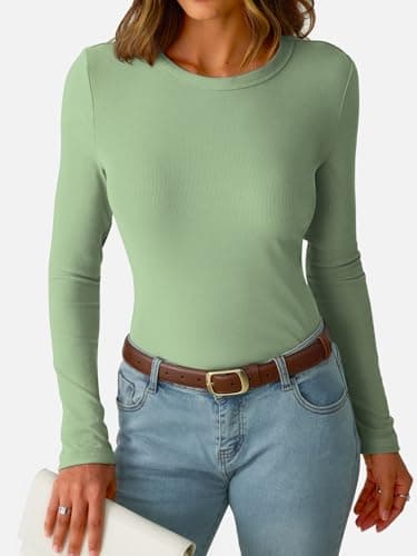 GKBK Womens Long Sleeve Ribbed Tops Fitted Stretch Casual Crewneck Basic Tee Shirts Tight Layering 2026 Fall Fashion Outfits Light Green - Thumbnail 3
