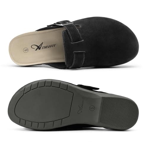 Athlefit Womens Clogs Casual Soft Footbed Black Mules Buckle Arch Support Potato Shoes for Women Leather Clogs for Walking House Office Everyday Wear 10 - Thumbnail 6