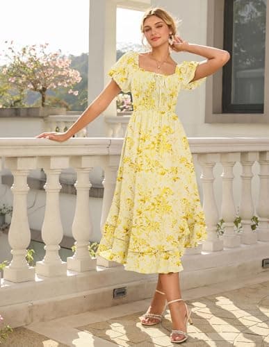 GRACE KARIN Womens Summer Floral Maxi Dress 2026 Flowy Wedding Guest Dress A Line Boho Dresses Fashion Clothing with Pockets Yellow Floral 2XL - Thumbnail 2