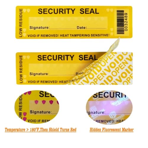 TSPC SECSEAL 100pcs 25x90mm Heat Tampering Fluorescent Mark Low Residue Tamper Evident Anti Counterfeit Tamper Proof Stickers Labels Seals (1 x 3.54 Inches, Matte Yellow, Barcode Serial Number)