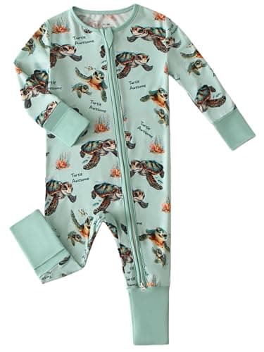 Joonberry Infant Baby Girl Clothing Bamboo Rayon Footies, Newborn outfit Footed Long Sleeve Jumpsuit with Zipper and Mitten Cuffs (Sea Turtle, 3-6M) - Image 1