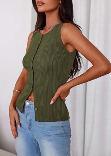 PRETTYGARDEN Sleeveless Button Down Shirts for Women Summer 2026 Going Out Ribbed Knit Tank Tops Y2K Clothes Trendy Vest Tops(Army Green,Small) - Thumbnail 5