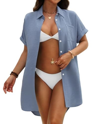 GKBK Women Swimsuit Coverup Shirt Dress Button Down Bathing Suit Cover Up Beachwear Gray Blue L - Thumbnail 5