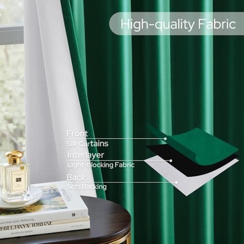 HOMEIDEAS 100% Blackout Faux Silk Hunter Dark Green Curtains 84''L 2 Panels - Thumbnail 5