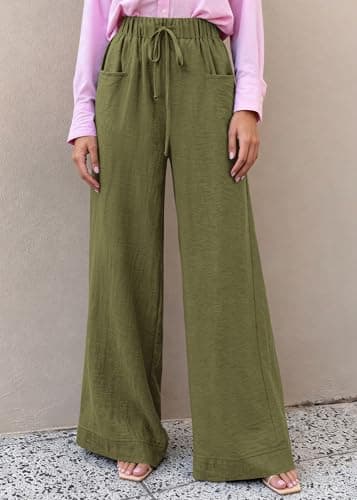 KIRUNDO Wide Leg Palazzo Pants for Women Summer High Waist Flowy Casual Trousers Lounge Pants Beach Vacation Travel Outfits (Army Green, Medium) - Thumbnail 2