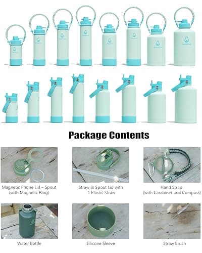 avodvo 12 oz Insulated Water Bottle with 2 Lids (2-in-1 Straw & Spout Lid, Magnetic Lid), Kids Water Bottle with Strap, Kids Stainless Steel Water Bottle for School, PA-Free, Green - Thumbnail 2