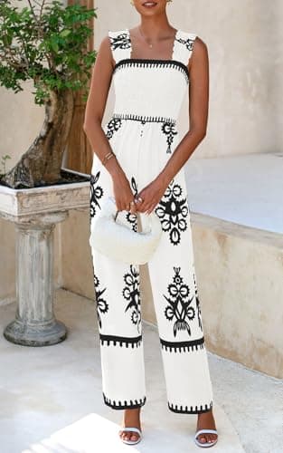 PRETTYGARDEN Womens Jumpsuit Casual One Piece Boho Summer Outfits Shirred Strap Wide Leg Long Pants Rompers With Pockets (White Black Flower, Small) - Thumbnail 4