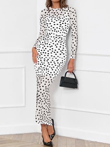 BTFBM Spring Dresses for Women 2026 2 Piece Set Long Sleeve Polka Dot Sexy Bodycon Mesh Dress and Slip Dress Wedding(Big Dot White Black, Small) - Thumbnail 6