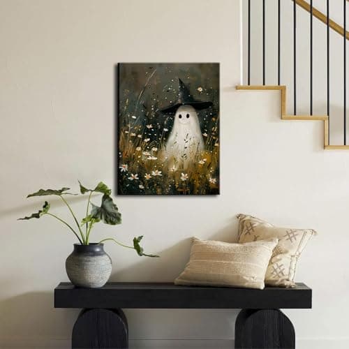 Vintage Cute Ghost Canvas Wall Art Funny Ghost with Witch Hat Poster Prints Wildflower Field Halloween Spooky Gothic Dark Academia Wall Decor Pictures 12x16in - Thumbnail 3