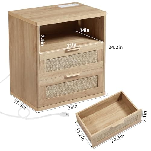 LEYAOYAO Rattan Night Stand with Charger Station, 23" Wide Boho Nightstand with 2 Drawers, Natural Wood Bedside Table Open Storage Cabinet, Bed Side End Tables Dresser for Bedroom, Living Room Hallway - Thumbnail 2