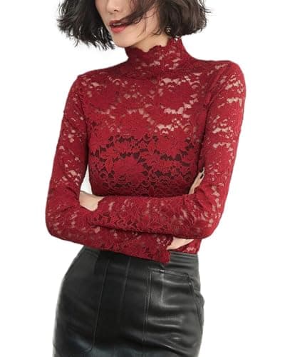 Women's Sexy Lace See Through Blouse Semi Sheer Long Sleeve Mock Neck Top Red XL - Thumbnail 4