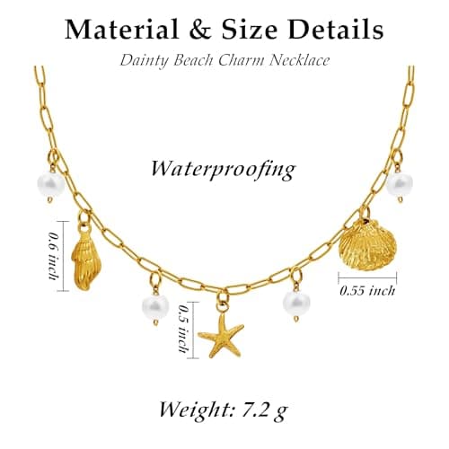 Seashell Charm Necklace for Women, Gold Summer Necklace Cute Vintage Beach Necklace 17" Paperclip Chain With Starfish Pendant Charms Necklaces as Waterproof Summer Jewelry Beach Stuff for Vacation - Thumbnail 6