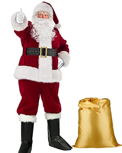 PrettyQueen Santa Claus Costume for Men, Professional Santa Suit Adults Men Christmas Santa Costume Deluxe 9 PCS Santa Outfit (Burgundy, L)