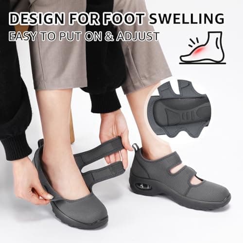STQ Orthopedic Walking Shoes Adjustable Barefoot Mary Jane Diabetic Shoes Comfortable Breathable Nurse Shoes, Dark Grey, Size 9 - Thumbnail 2