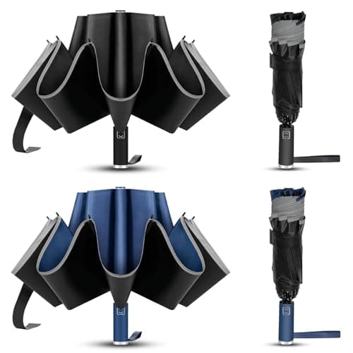 VOUUY 2-Pack 46 Inch Inverted Travel Umbrella, Compact Wind Proof Umbrellas For Rain and Sun Protection, Auto Folding Durable, Light & Portable for Women & Men, Fits Backpack & Cars, 10 Ribs - Image 1
