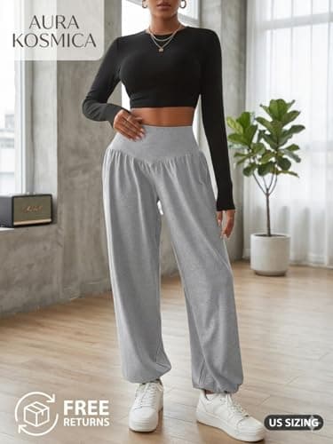 gaimoliso Womens Baggy Wide Leg Pants Plus Size Casual Loose Elastic Waisted Comfy Harem Pants with Pockets Grey - Thumbnail 5