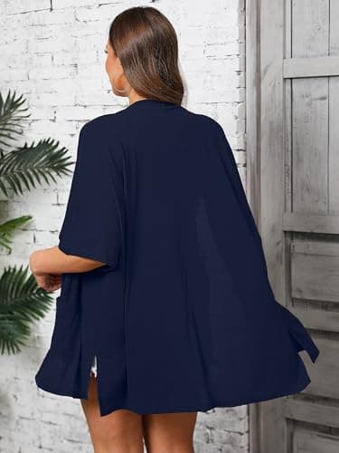 AusLook Plus Size Navy Blue Cardigan for Women 5X Short Sleeve Lightweight Open Front Shrug with Pockets for Dresses and Layering - Thumbnail 6