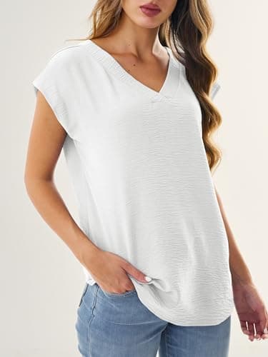 GKBK Women Tops Cap Sleeve Textured Dressy Casual V Neck Shirts 2026 Summer Business Work Blouses Outfits White L - Thumbnail 5