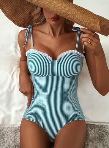 Herseas Women One Piece Swimsuit Striped High Cut Adjustable Tie Shoulders Stretchy Push Up Tummy Control Bathing Suit Romantic Beach Vacation Essentials Light Green Stripe X-Large - Thumbnail 5