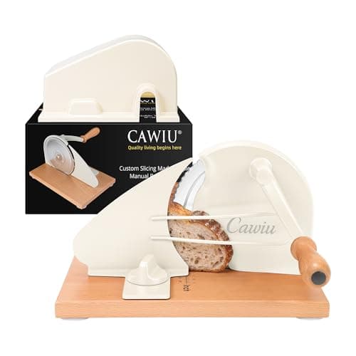 CAWIU Upgraded Manual Bread Slicer for Homemade Sourdough Bread - Adjustable Thickness Bread Cutter with Hand Crank, Suction Cups, Slicing Guide, Scale Line & Cover, for Perfect Even Slices (Cream) - Image 1