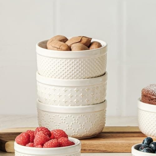 UNICASA Ramekins 6 oz, Set of 6 Ceramic Bowls with 3 Embossed Patterns, Thick Wall Oven & Dishwasher Safe for Souffles, Mini Pies, Meal Prep - Thumbnail 4