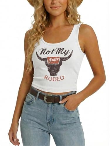 YHHR Women's Cowgirl Country Concert Sleeveless Cropped Tank Top Summer Casual Cowboy Shirt Western Graphic Top Cute Outfit Off-White - Image 1