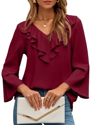 Dokotoo Blouse for Women Dressy Trendy Spring Fashion Casual Business Clothes 3/4 Sleeve Tops Ruffle V Neck Shirts Women's Clothing Teacher Outfits Chiffon Shirts Red Small - Image 1