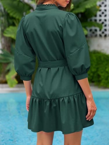Cicy Bell Womens Puff 3/4 Sleeve Mini Dress Bow Tie Waist V Neck Trendy Casual Ruffle Tiered Short Dresses Dark Green - Thumbnail 6