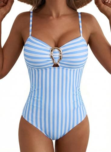 Aleumdr Womens Color Block Vintage One Piece Bathing Suits Tummy Control Swimsuits Push Up Bathing Suits Flattering Swimwear Sky Blue Stripe XX-Large